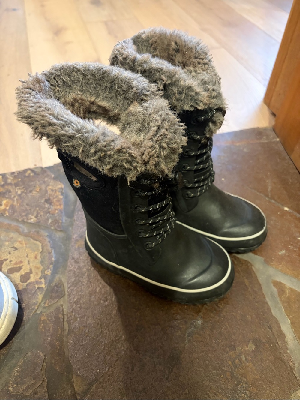 Bogs Kids Black Snow Boots with Gray Faux Fur Collar
